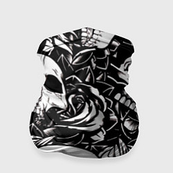 Бандана-труба Черепа и розы на черном фоне, цвет: 3D-принт