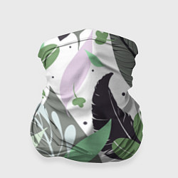 Бандана-труба Зелёные, серые, голубые, сиреневые листья на белом, цвет: 3D-принт