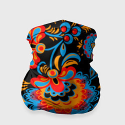 Бандана-труба Хохломская роспись разноцветные цветы на чёроном ф, цвет: 3D-принт
