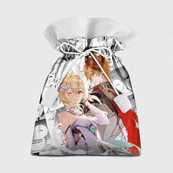 Мешок для подарков Люмин и Тарталья на фоне манги, цвет: 3D-принт