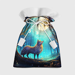 Мешок для подарков Волк в ночном лесу в folk art стиле, цвет: 3D-принт