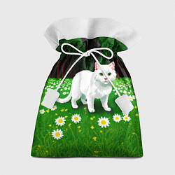 Мешок для подарков Белый кот на лугу пиксель арт, цвет: 3D-принт