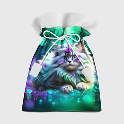 Мешок для подарков Пушистый котенок в бирюзово фиолетовом боке, цвет: 3D-принт