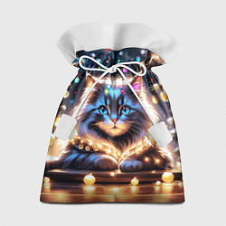 Мешок для подарков Кот с гирляндой среди новогодних украшений, цвет: 3D-принт
