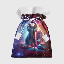 Мешок для подарков Котёнок в наушниках с мышкой в космосе, цвет: 3D-принт