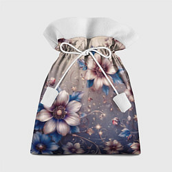 Мешок для подарков Сине-бежевый дымчатый с цветами, цвет: 3D-принт