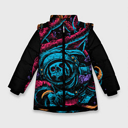 Куртка зимняя для девочки Космический осьминог, цвет: 3D-черный