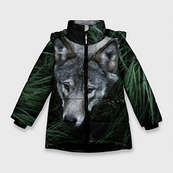 Куртка зимняя для девочки Волк в траве, цвет: 3D-черный