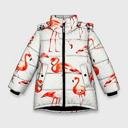 Куртка зимняя для девочки Оранжевые фламинго, цвет: 3D-черный