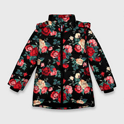Куртка зимняя для девочки Кустовые розы, цвет: 3D-черный