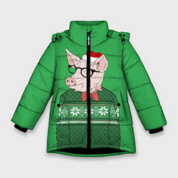 Куртка зимняя для девочки New Year: Hipster Piggy, цвет: 3D-черный