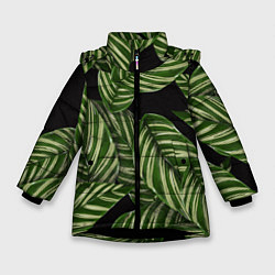 Куртка зимняя для девочки Тропические большие листья, цвет: 3D-черный