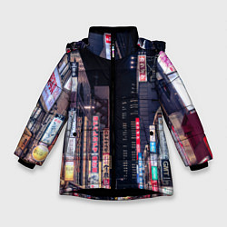 Куртка зимняя для девочки Ночной Токио, цвет: 3D-черный