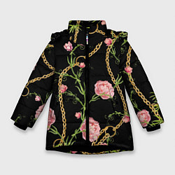Куртка зимняя для девочки Versace Золотая цепь и розы, цвет: 3D-черный
