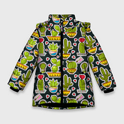 Куртка зимняя для девочки Кактусы, цвет: 3D-черный