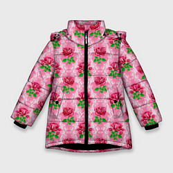 Куртка зимняя для девочки Декор из нежных роз, цвет: 3D-черный