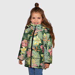 Куртка зимняя для девочки Тропические растения и цветы, цвет: 3D-черный — фото 2