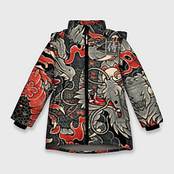 Куртка зимняя для девочки Самурай Якудза, драконы, цвет: 3D-светло-серый