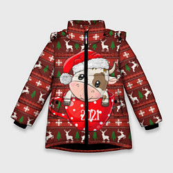 Куртка зимняя для девочки Милый новогодний бычок 2021, цвет: 3D-черный