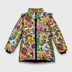 Куртка зимняя для девочки Граффити монстров, цвет: 3D-черный