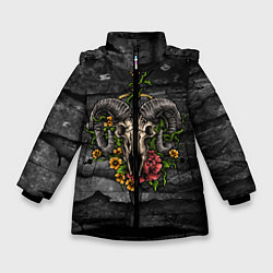 Куртка зимняя для девочки Череп барана в цветах, цвет: 3D-черный