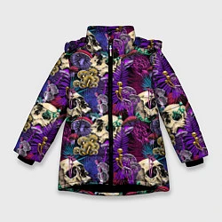 Куртка зимняя для девочки Психоделика - черепа и грибы, цвет: 3D-черный