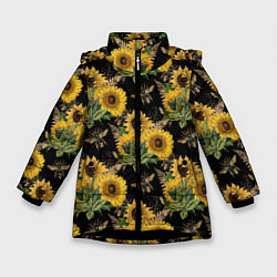 Куртка зимняя для девочки Fashion Sunflowers and bees, цвет: 3D-черный