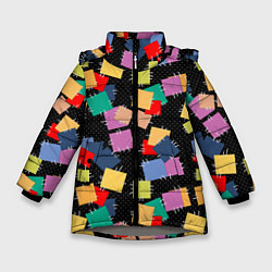 Куртка зимняя для девочки Заплатки на черном фоне, цвет: 3D-светло-серый