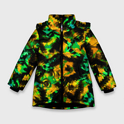 Куртка зимняя для девочки Абстрактный желто-зеленый узор, цвет: 3D-черный