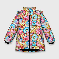 Куртка зимняя для девочки Вкусный узор из сладостей, цвет: 3D-черный