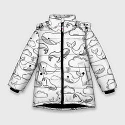 Куртка зимняя для девочки Небесные киты ЧБ, цвет: 3D-черный