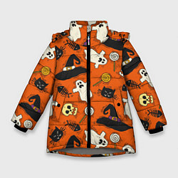 Куртка зимняя для девочки Хэллоуинские шалости, цвет: 3D-светло-серый