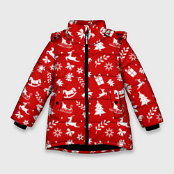 Куртка зимняя для девочки НОВОГОДНИЙ УЗОР КРАСНО БЕЛЫЙ, цвет: 3D-черный
