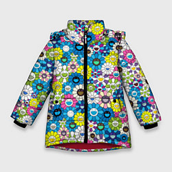Куртка зимняя для девочки Takashi Murakami Улыбающиеся цветы, цвет: 3D-красный