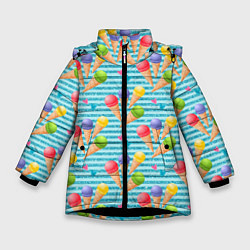 Куртка зимняя для девочки Разноцветное мороженое паттерн, цвет: 3D-черный
