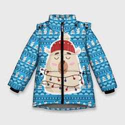 Куртка зимняя для девочки Медведь в гирляндах Новый год, цвет: 3D-светло-серый