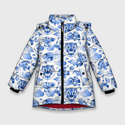 Куртка зимняя для девочки Гжель Тигр и узоры, цвет: 3D-красный