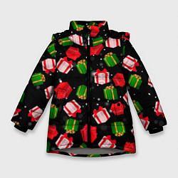 Куртка зимняя для девочки Новогодние паттерн подарков, цвет: 3D-светло-серый