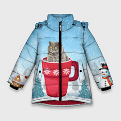 Куртка зимняя для девочки Удивленный котик в кружке, цвет: 3D-красный