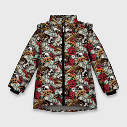 Куртка зимняя для девочки Черепа, Деньги, Оружие, цвет: 3D-светло-серый