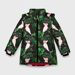 Куртка зимняя для девочки Белые попугаи и листья, цвет: 3D-красный