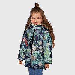 Куртка зимняя для девочки Цветы Синие Ботанические, цвет: 3D-черный — фото 2