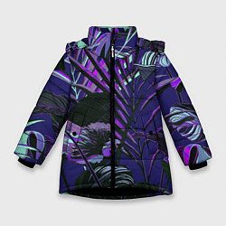 Куртка зимняя для девочки Цветы Тропики Ночью, цвет: 3D-черный