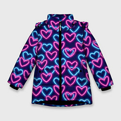 Куртка зимняя для девочки Неоновые сердца, паттерн, цвет: 3D-черный
