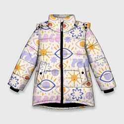 Куртка зимняя для девочки ХИППИ ПАТТЕРН В СТИЛЕ 70х, цвет: 3D-черный