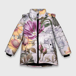 Куртка зимняя для девочки Цветы Романтический Букет, цвет: 3D-черный