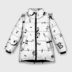 Куртка зимняя для девочки Нотные Знаки Черные на Белом, цвет: 3D-черный
