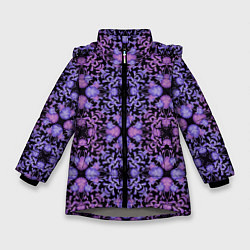 Куртка зимняя для девочки Розово-фиолетовый цветочный орнамент на черном, цвет: 3D-светло-серый