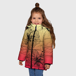 Куртка зимняя для девочки Черные абстрактные цветы на красно-желтом градиент, цвет: 3D-светло-серый — фото 2