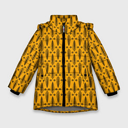 Куртка зимняя для девочки Черно-желтый современный узор Листья, цвет: 3D-светло-серый